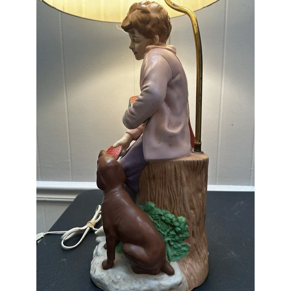 Vintage Taiwan Figural Table Lamp Boy Feeding Dog Watermelon Ceramic 31 Inch Sha